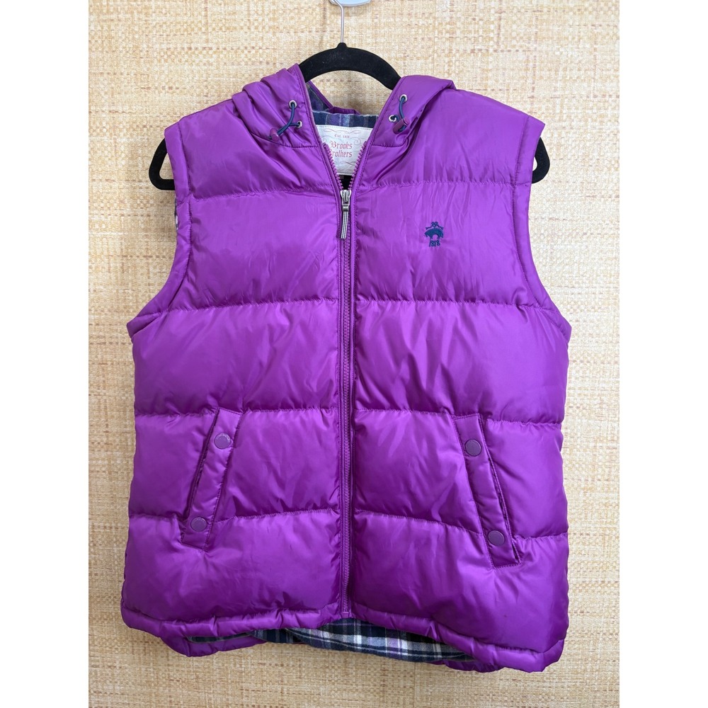 Brooks Brothers Purple Hooded Down Puffer Vest Plaid Lined Women Size 12